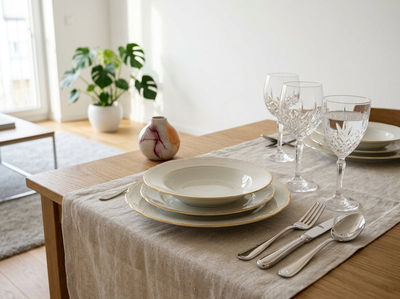 Masă festivă decorată minimalist cu seturi de veselă din porțelan fin cu margini aurii și pahare din cristal premium în showroom-ul | MobiHaus
