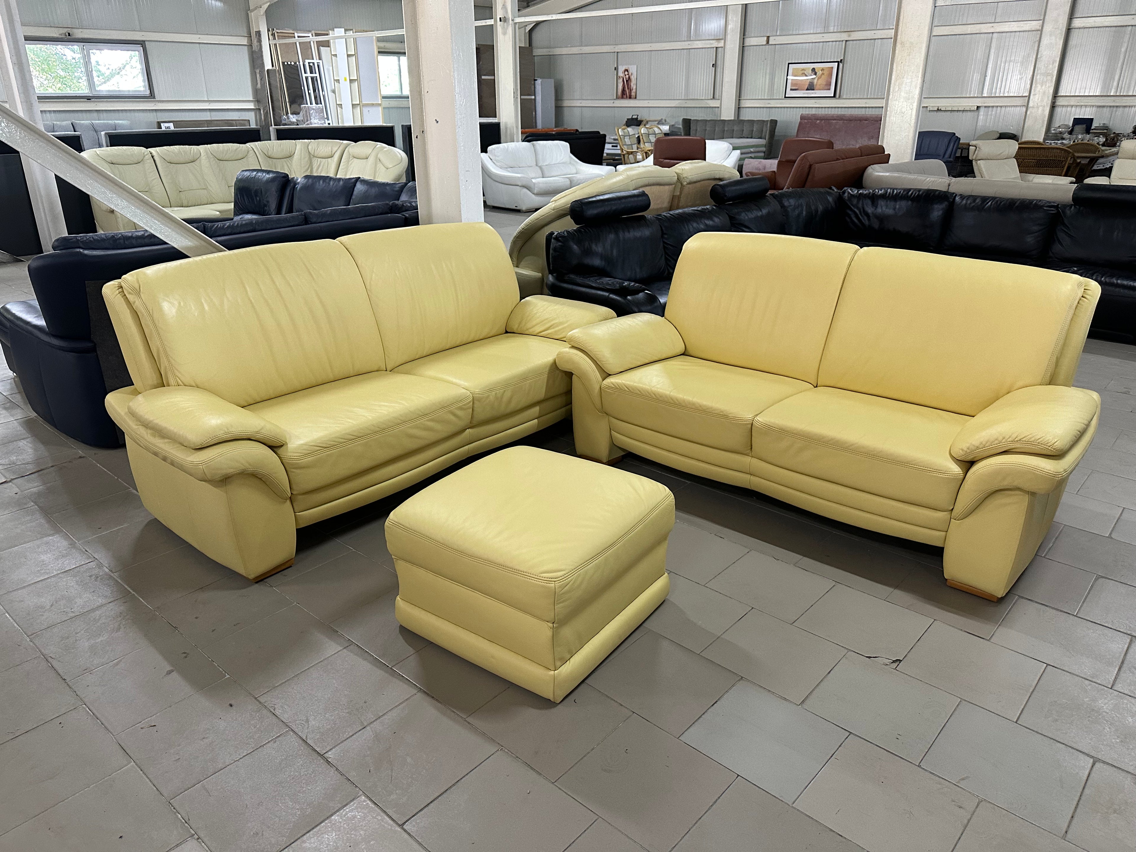 Set Canapele Piele Naturală 3+2+Puf Galben Mango, 210/180 cm - MobiHaus
