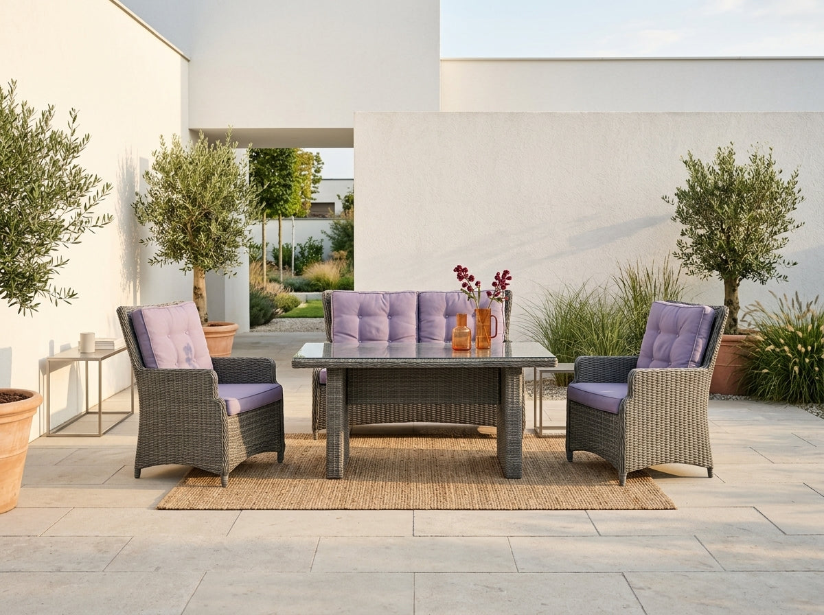 Canapea de exterior din ratan gri cu perne violet | MobiHaus