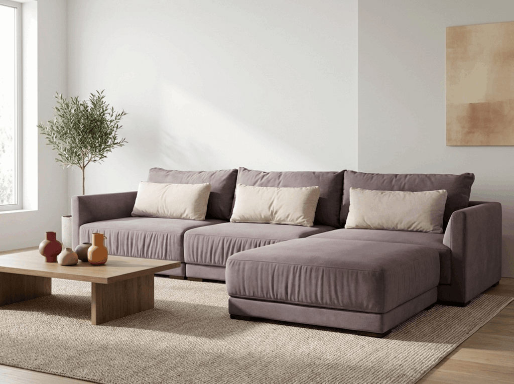 Canapea modulară gri în showroom mobilier calitate superioară