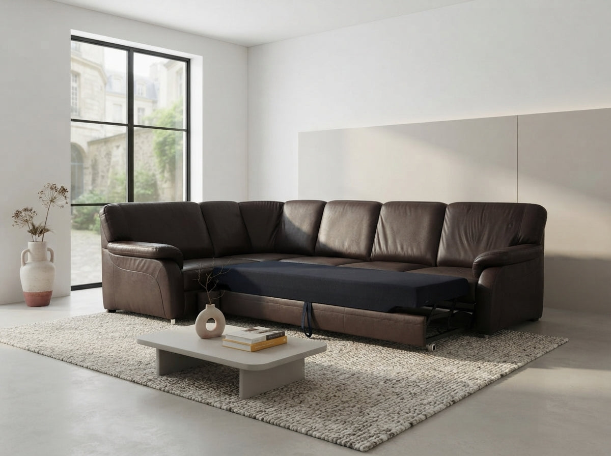 Colțar extensibil din piele naturală ciocolată transformat în pat MobiHaus