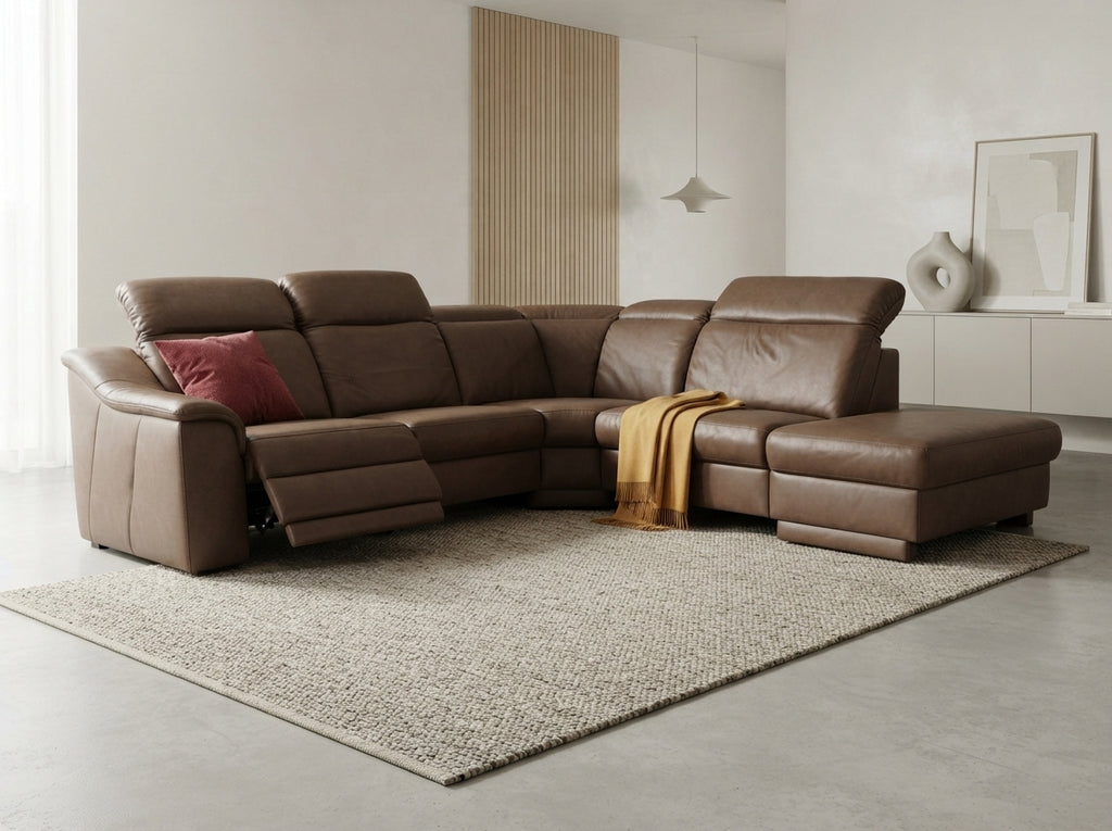 Colțar din piele naturală de înaltă calitate maro pentru living - MobiHaus