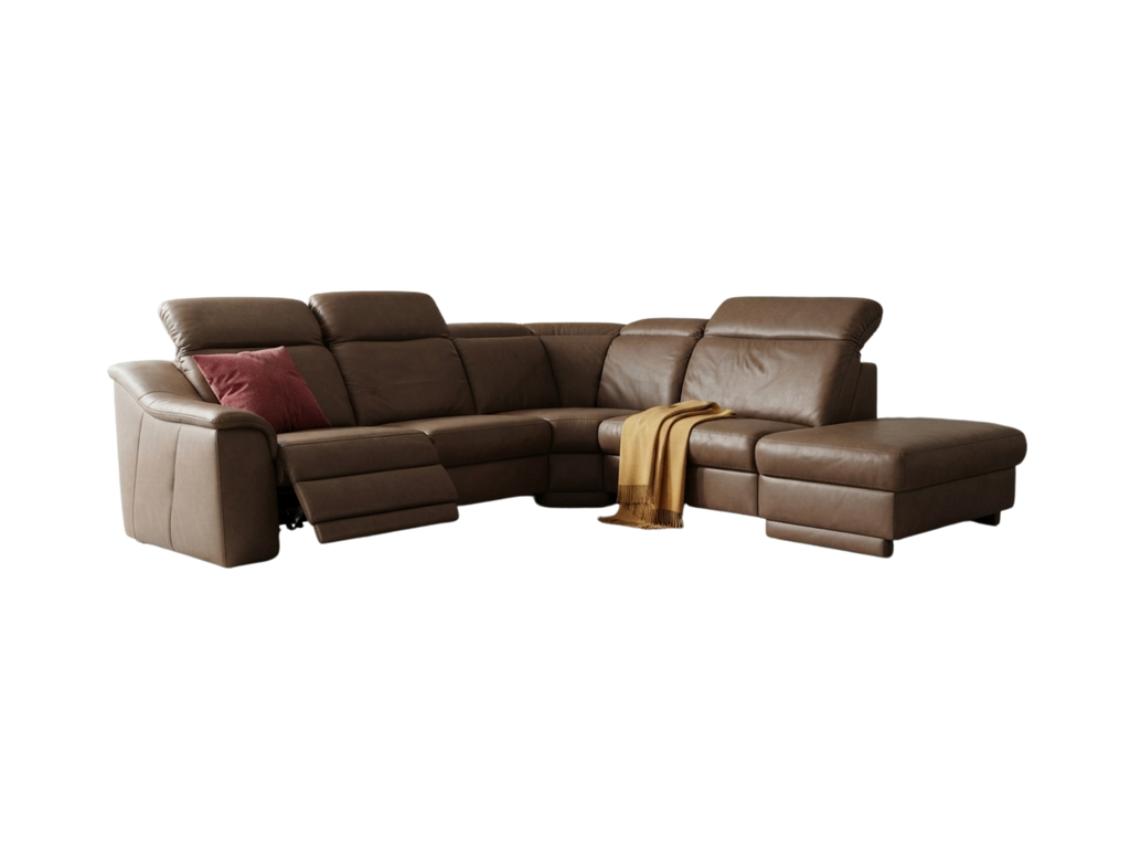 Colțar modular din piele naturală maro cu recliner electric extins - MobiHaus