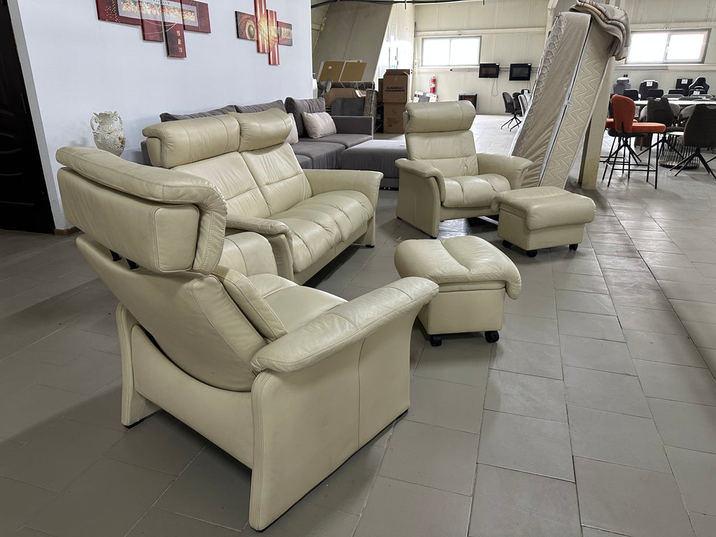 Fotoliu TV relax cu spătar înalt și tetieră din piele bej MobiHaus