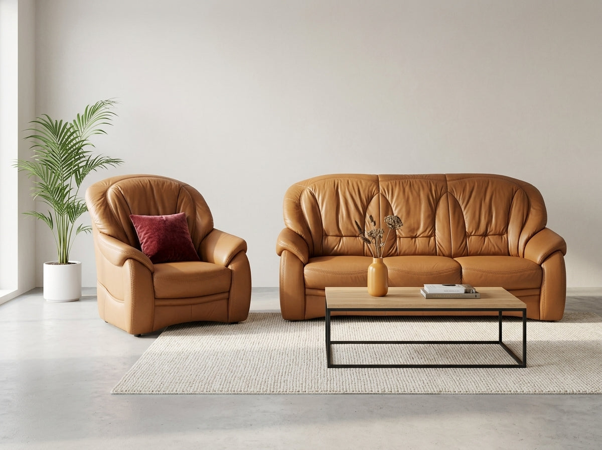 Set mobilier living piele naturală maro cognac