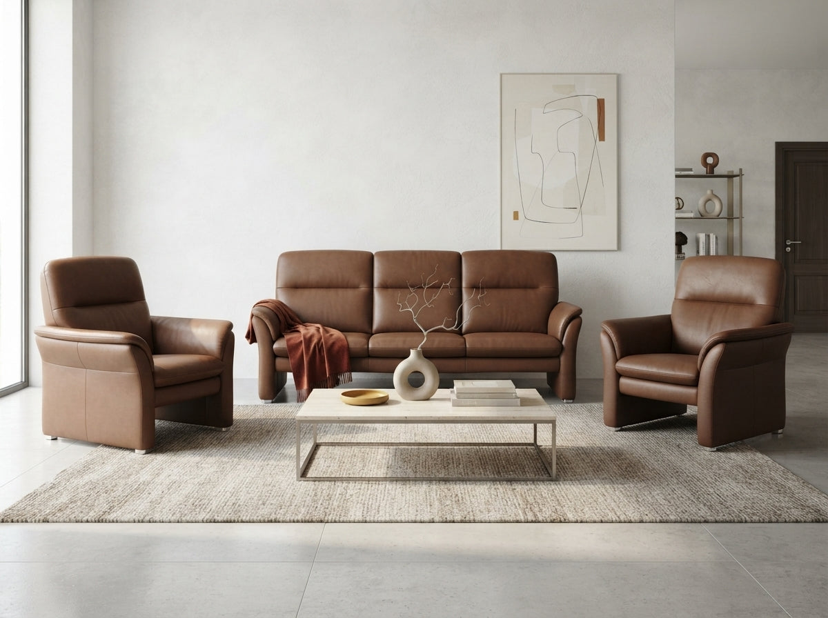 Ansamblu complet mobilier living 3+1+1 din piele maro cu puf MobiHaus
