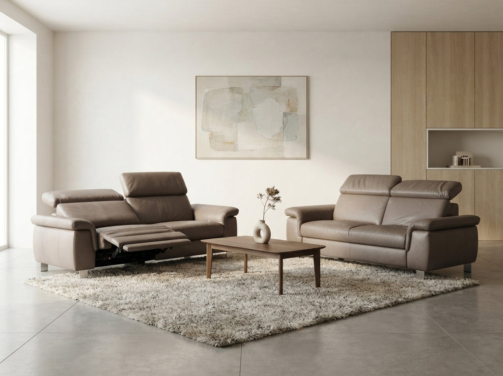 Set canapele confortabile din piele naturală capuccino pentru living MobiHaus