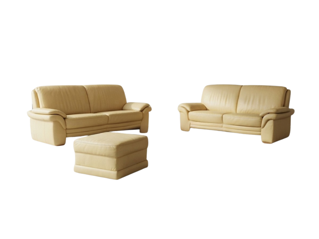 Set canapele 3 locuri 2 locuri și puf din piele naturală galben mango MobiHaus
