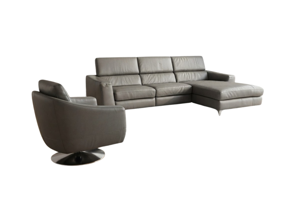Set colțar cu relax electric 270x170 cm și fotoliu din piele naturală gri Polinova MobiHaus