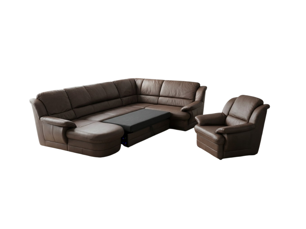 Set mobilier de living format din colțar în formă de U și fotoliu din piele naturală maro închis MobiHaus