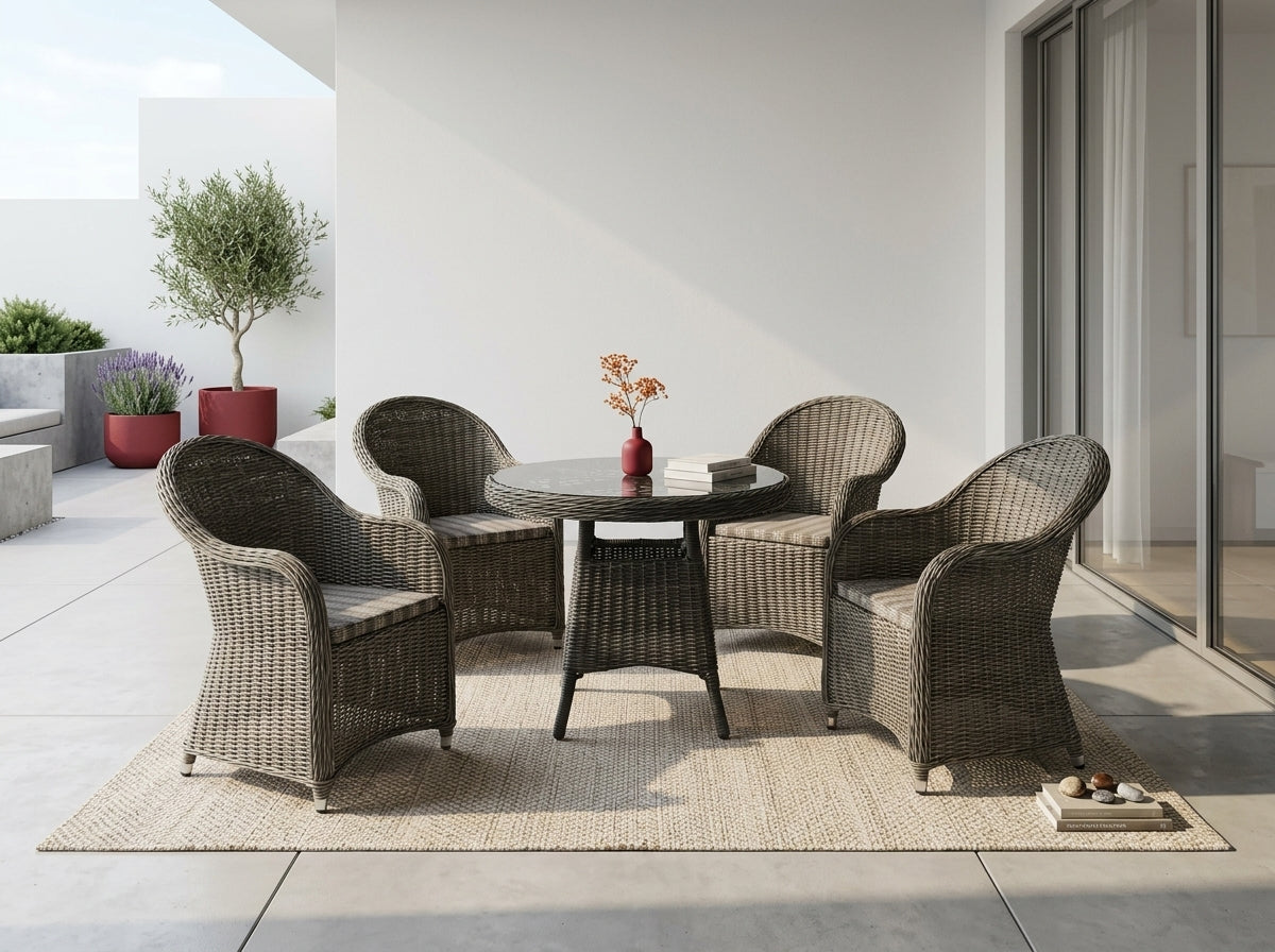 Set complet dining exterior cu 4 scaune tip fotoliu din ratan | MobiHaus