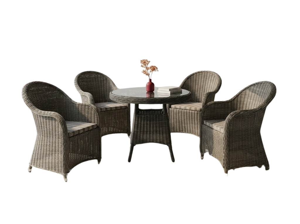 Set mobilier gradina din ratan gri cu masa rotunda si 4 fotolii | MobiHaus