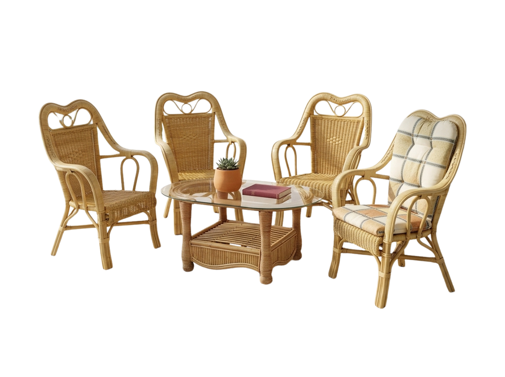 Set complet de mobilier pentru grădină din ratan maro deschis cu masă ovală de sticlă și 4 fotolii de la MobiHaus