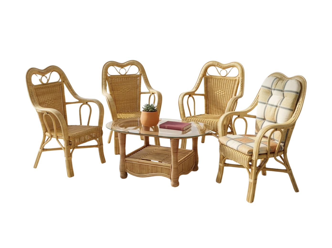 Set complet de mobilier pentru grădină din ratan maro deschis cu masă ovală de sticlă și 4 fotolii de la MobiHaus